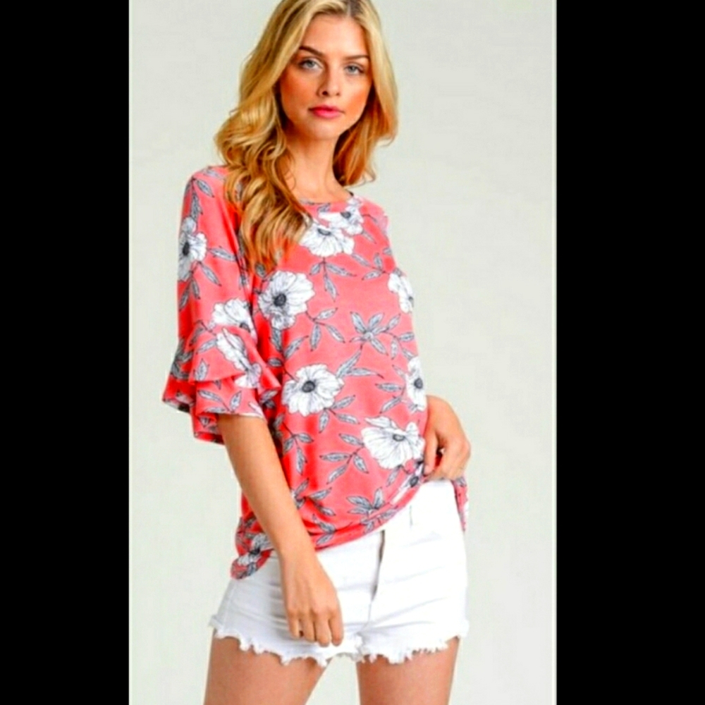 First Love Floral Coral Ruffle Sleeve Top